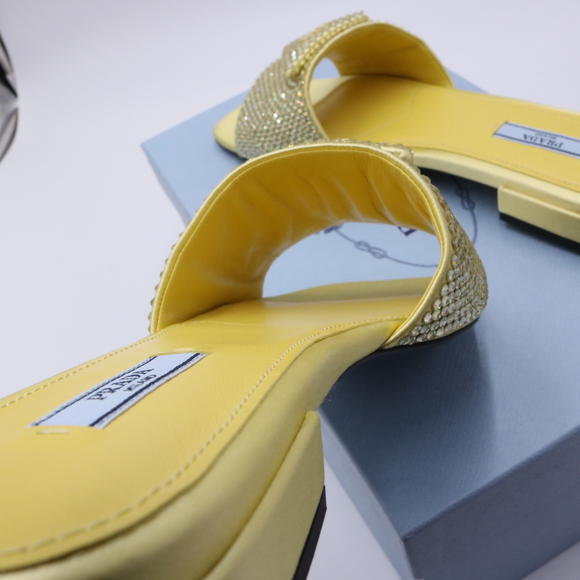 Prada 39 Yellow Crystal Strassed Ciabatte Logo Calzature Donna Flat Slides E716 - Picture 10 of 13